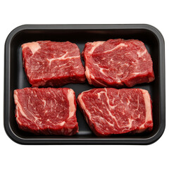 Fresh beef steaks displayed on black tray, showcasing rich marbling and vibrant red color, perfect for grilling or cooking