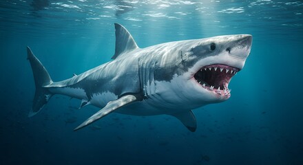 Naklejka premium Great White Shark Swimming Underwater with Open Mouth