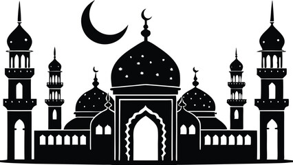 AdobIslamic Mosque with Minarets and Palm Trees – Black and White Vector Illustration