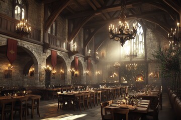 Medieval Castle Dining Hall Interior with Rustic Tables and Chandeliers
