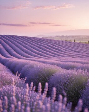 A magical field of lavender stretching endlessly under a pink and purple sunset.