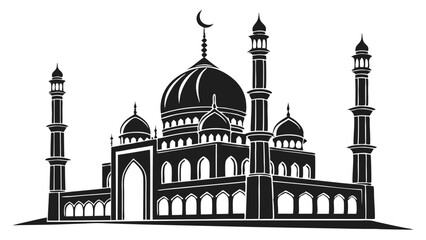 AdobIslamic Mosque with Minarets and Palm Trees – Black and White Vector Illustration