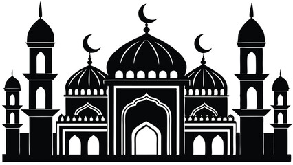 AdobIslamic Mosque with Minarets and Palm Trees – Black and White Vector Illustration