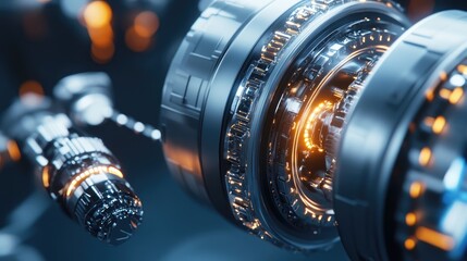 Futuristic mechanical components with glowing elements in a high-tech environment showcasing advanced technology