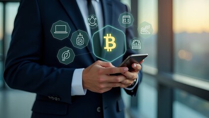 Businessperson Using Smartphone with Futuristic Cloud Data Icons – Modern Office Technology Concept