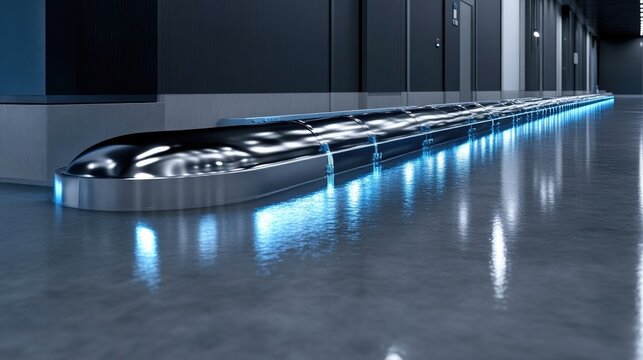 Futuristic hyperloop pod sits on a track inside a modern transit station with glowing blue lights reflecting on the polished floor.