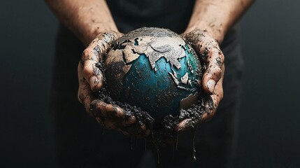 Hands holding a globe covered in oil and smog, representing the global environmental impact of fossil fuels.