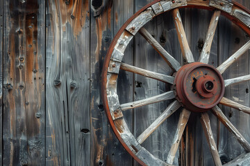 Vintage Wooden Wagon Wheel Against Weathered Barn Wall, Highlighting Intricate Craftsmanship and Nostalgic History