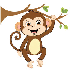 Cheerful cute cartoon monkey hanging from a tree branch