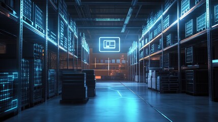 A futuristic warehouse interior showcasing organized shelves, illuminated by neon lights, with a digital display in the background