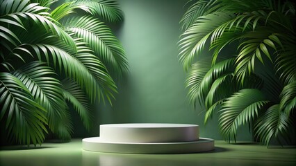 Obraz premium Serene Green Oasis with Two-Tiered Display Platform Ideal for Product Showcasing and Luxurious Brand Presentation
