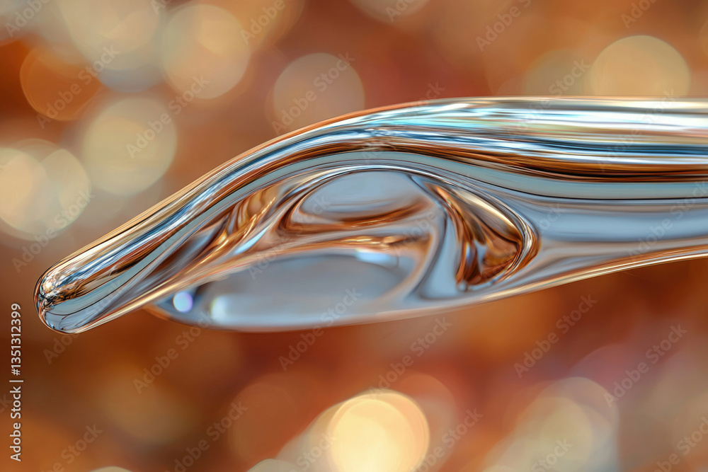 Poster Abstract close-up of a flowing, metallic liquid with reflective surface and warm background bokeh.