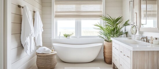 A coastal- bathroom, designed with the breezy spirit of a beach house. Light colors, natural textures, and soft light come together to create a serene, refreshing atmosphere.