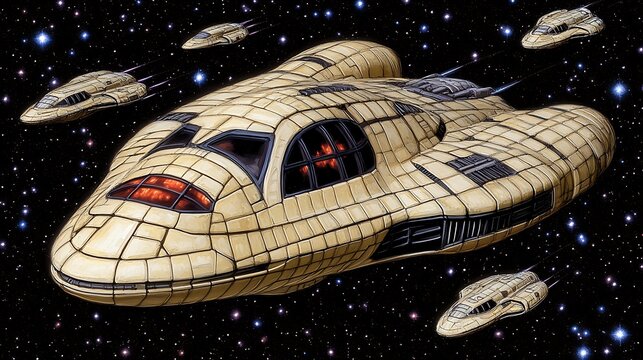 Several futuristic space vessels traversing through dark starlit space environment - Powered by Adobe