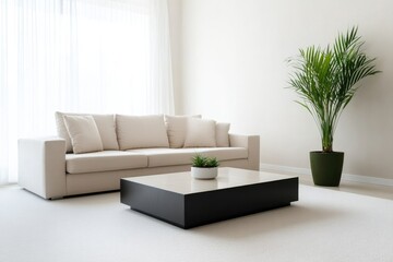 modern living room interior boasting neutral tones and minimalist furniture arrangement provides ample natural light
