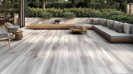 Fototapeta premium Modern outdoor patio with gray wood-look tiles