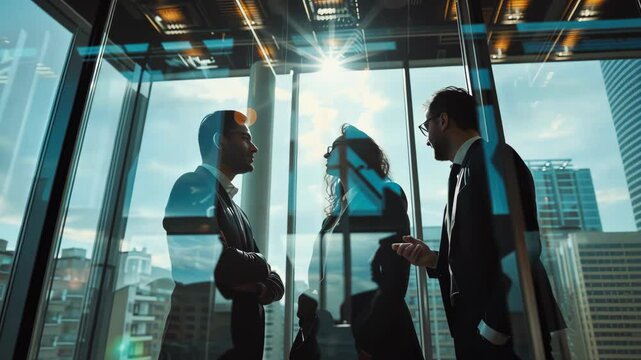 Business professionals converse in an elevator, surrounded by urban reflections, symbolizing collaboration and communication in tech, highlighting teamwork and strategic discussions