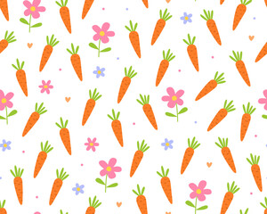 Cute childish seamless pattern, carrots and spring flowers on a white background. Easter day.