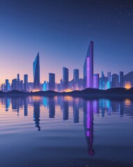 Fototapeta premium A Glowing Metropolis Reflected Beautifully Across a Still Body of Water