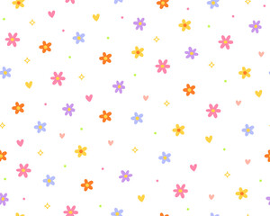 Cute simple seamless pattern. Small spring flowers and hearts on a white background.