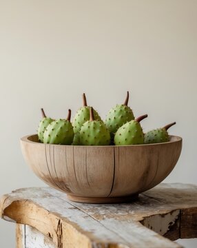 Fresh prickly pears in a wooden bowl on a rustic table