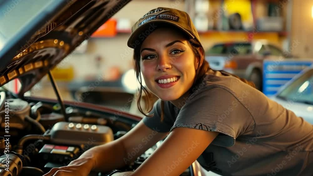 Poster a skilled young woman demonstrates her automotive mechanics expertise while working on a complex eng