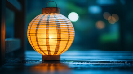 Obraz premium Illuminated paper lantern sits on a wet wooden surface at night.