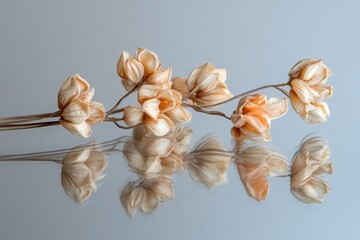 Dried flowers reflecting in a light colored smooth surface