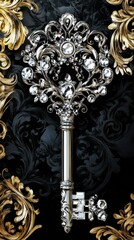 An ornate silver key with gem adornments against a patterned backdrop