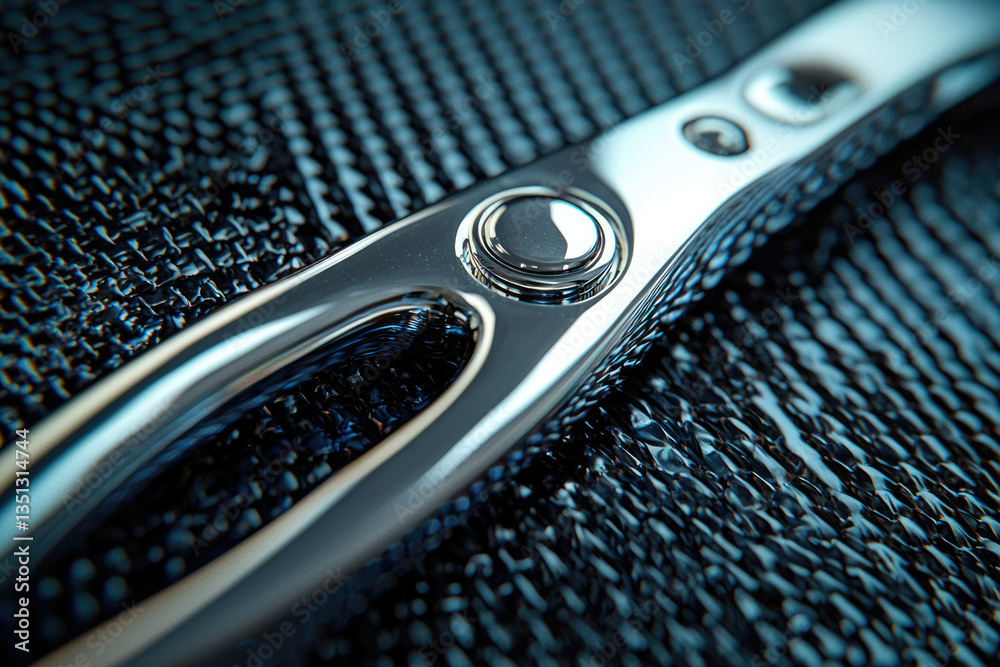 Poster close-up of a sleek, metallic object with a textured background, showcasing polished chrome and intr