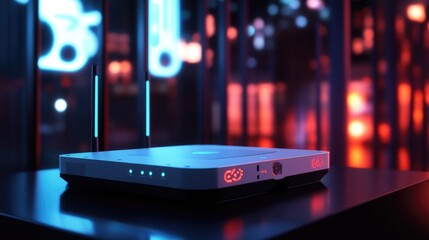 Modern wireless router on a sleek table with vibrant neon lights illuminating a tech-inspired background