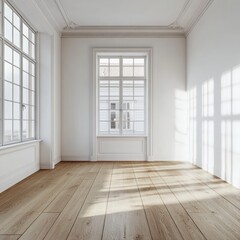 Bright and airy minimalist room with large windows and hardwood