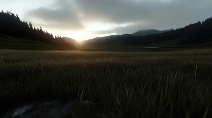 Obraz premium Sunrise over a grassy valley, with silhouettes of mountains and trees. A serene, tranquil morning scene, highlighted by the golden sunbeams piercing through the clouds