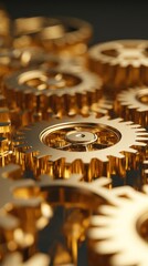 Close-up of intricate golden gears in motion background