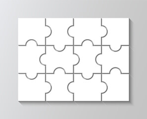 Mosaic silhouette of thinking game. Jigsaw outline grid with 12 details. Cutting template scheme. Modern background with separate shapes. Square puzzle pieces grid. Simple frame tiles. Vector