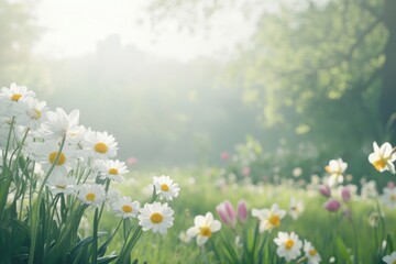 Fototapeta premium serene landscape showcasing vibrant spring flowers in full bloom with greenery soft light and ample copy space