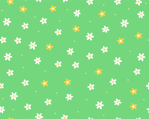 Cute simple seamless pattern. Small spring white and yellow flowers on a green background. Meadow of daisies.