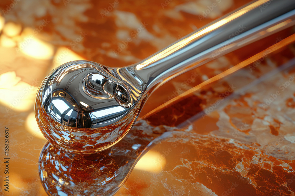 Poster reflective, metallic object with a bulbous end rests on an orange marbled surface.