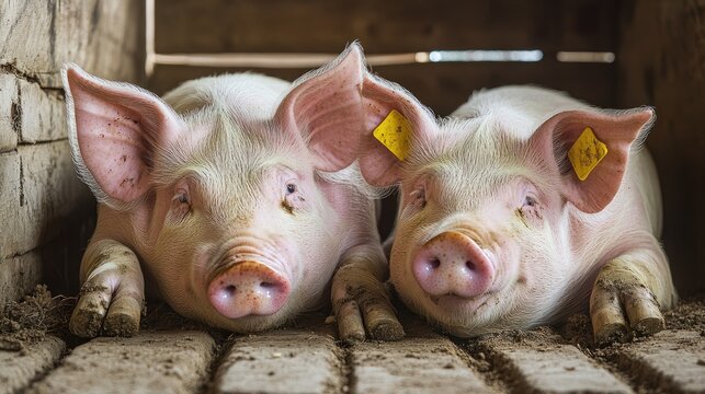 Two Relaxing Pigs with Yellow Ear Tags in a Rustic Pigpen Amidst Cracked Flooring