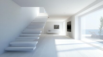 Modern minimalist white interior design with staircase, ocean view, and sunlight.