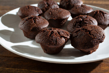 A view of a plate of flax seed chocolate brownies.