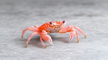 Tiny pink crab on a gray surface.  Close-up view of a small, vibrant pink crab, showcasing its delicate features and legs. 