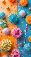 Naklejka premium Colorful paper decorations and candy on orange and blue background