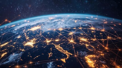 A breathtaking view of Earth from space at night, showcasing illuminated cities and interconnected networks