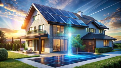 Sustainable living Modern house with solar panels, lush green lawn, and vibrant sunset in the background.