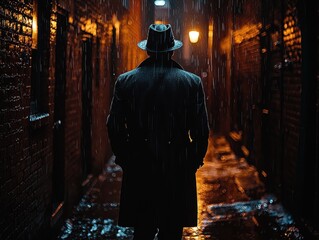 Obraz premium Mysterious figure in a trench coat walks through a rainy alley at night