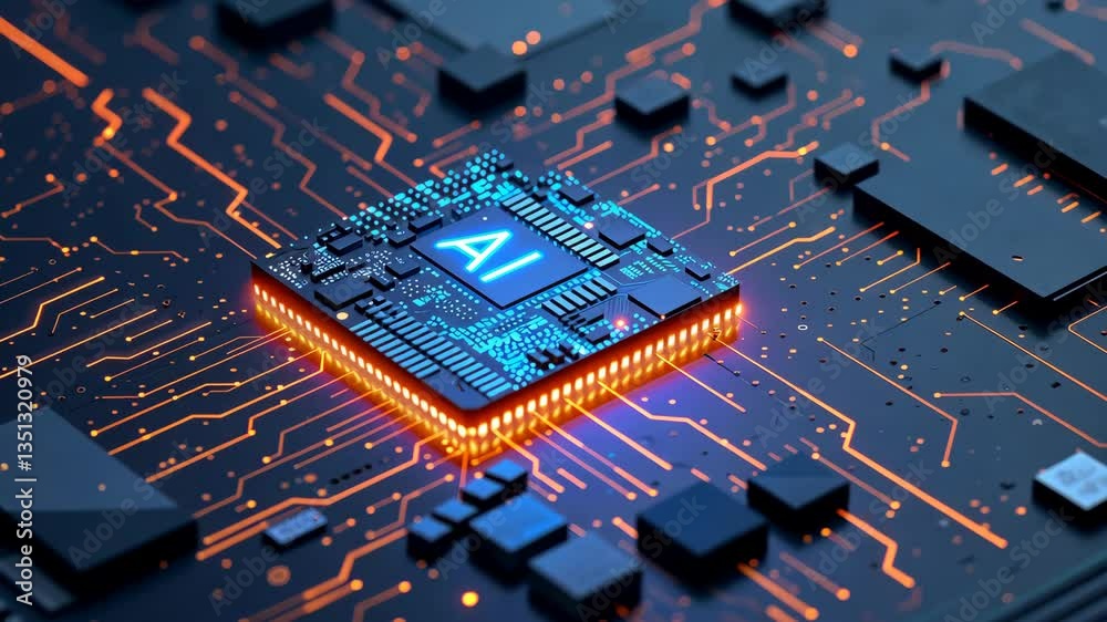 Poster A closeup image of a highperformance AI chip surrounded by detailed circuit pathways on a sleek electronic board, representing the pinnacle of cuttingedge technology and advanced engineering