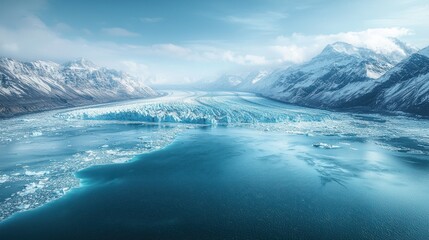 Panoramic view of a glacier, icy waters, and snow-capped mountains under a bright sky