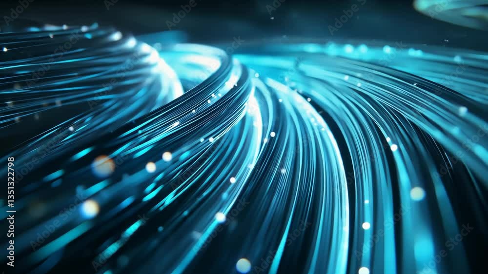 Poster A stunning visual representation of flowing light lines with sparkling particles, symbolizing high-speed data transfer, innovation in automotive technology, and intelligent systems in engineering.