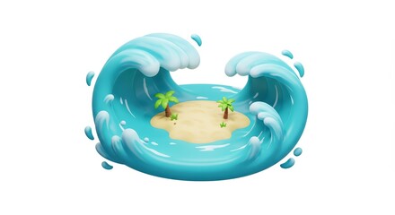 Island Surrounded by Waves Illustration with Palm Trees and Sand